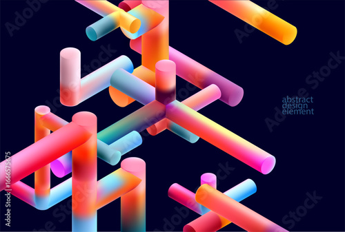 Multicolored 3D cube of iridescent cylinders. Glass colorful geometric shape.