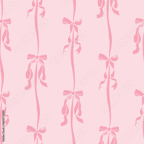 Seamless pattern with ribbon bows on a pink background. Cute coquette girly pattern for Birthday and Valentines day gift wrapping paper, packaging, wallpaper, fabric, clothes. Hand drawn print design.