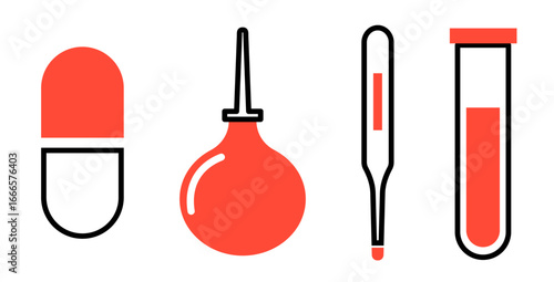 Set of Medical tools objects, such as: drug pill, enema, thermometer and test tube, on transparent background, flat line design, vector illustration