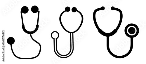 Set of Medical Stethoscopes icons, on transparent background, flat line design, vector illustration