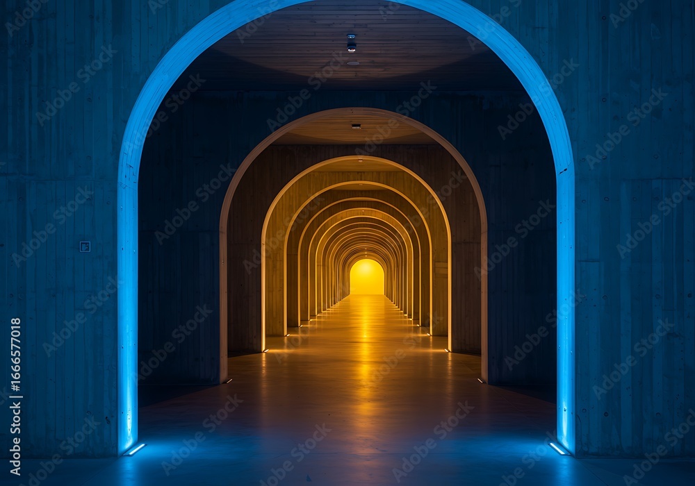 Naklejka premium Long architectural tunnel with arches and glowing light