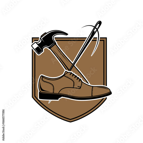 Vintage Classic Shoe Sole Repair Logo With Leather Man Shoe Hammer And Shoe Stitch Needle