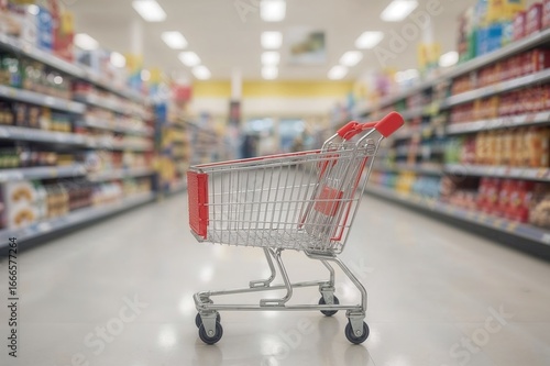 Wallpaper Mural Empty crimson shopping trolley in a grocery aisle with a blurred backdrop Torontodigital.ca