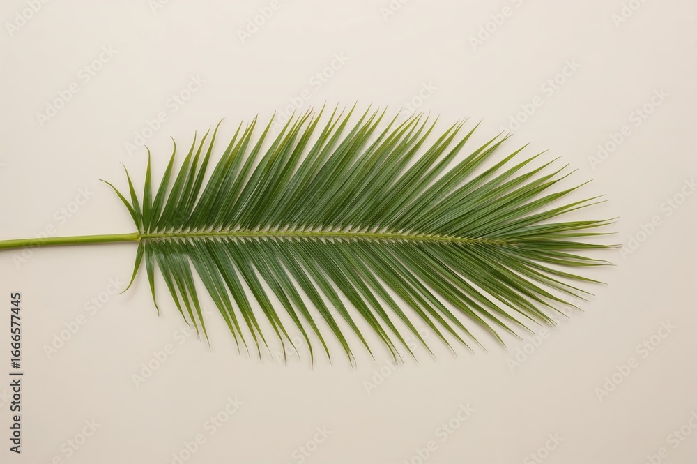 Fototapeta premium Top view of a palm frond with blank area for writing. Simple artistic theme.