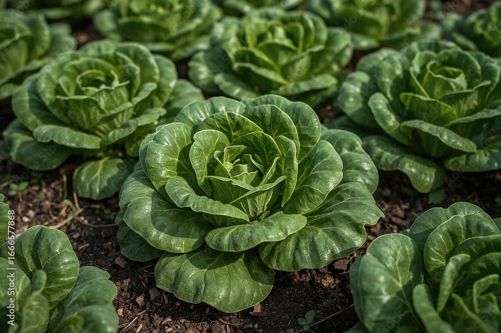 Obraz premium Lettuce Plants with Vibrant Green Leaves Cultivated in a Garden Plot