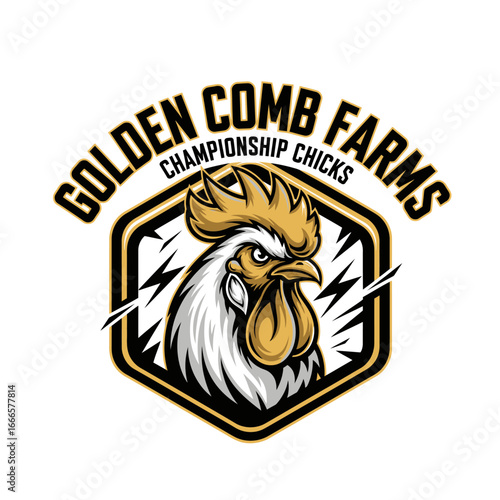 Rooster Chicken Character Mascot Logo Farm Breeding Hexagon Shape Vector Illustration