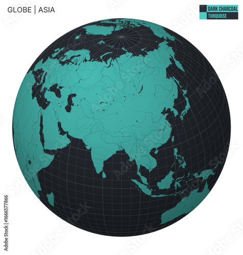 Vector Globe centered to Asia. Dark Charcoal Turquoise palette. World map with meridians, parallels, countries, rivers and lakes. Vibrant vector illustration.