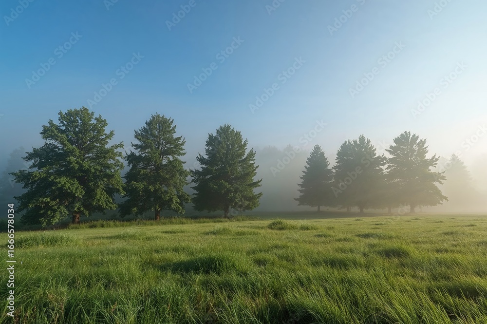 Fototapeta premium Misty dawn enveloping a lush woodland beneath a clear azure sky