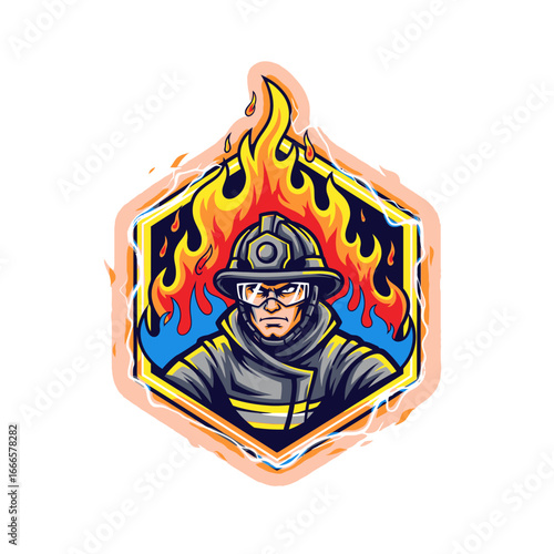 Firefighter Logo Illustration Amidst Flames Vector Illustration