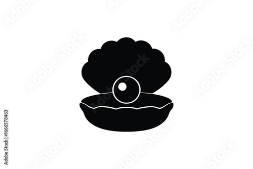 A black and white illustration of an open oyster shell with a pearl inside silhouette