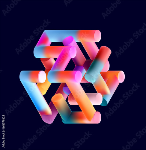 Multicolored 3D cube of iridescent cylinders. Glass colorful geometric shape.