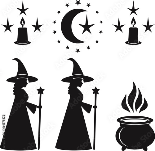 Silhouetted witches with candles moon and cauldron creating a magical halloween scene illustration
