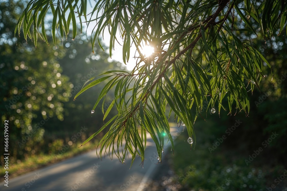 Naklejka premium Lush green acacia with tilted branches covered in morning dew against a sunlit blurred meadow background