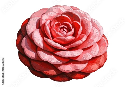 Pink and red camellia flower head painted in a textured impasto oil painting style, isolated