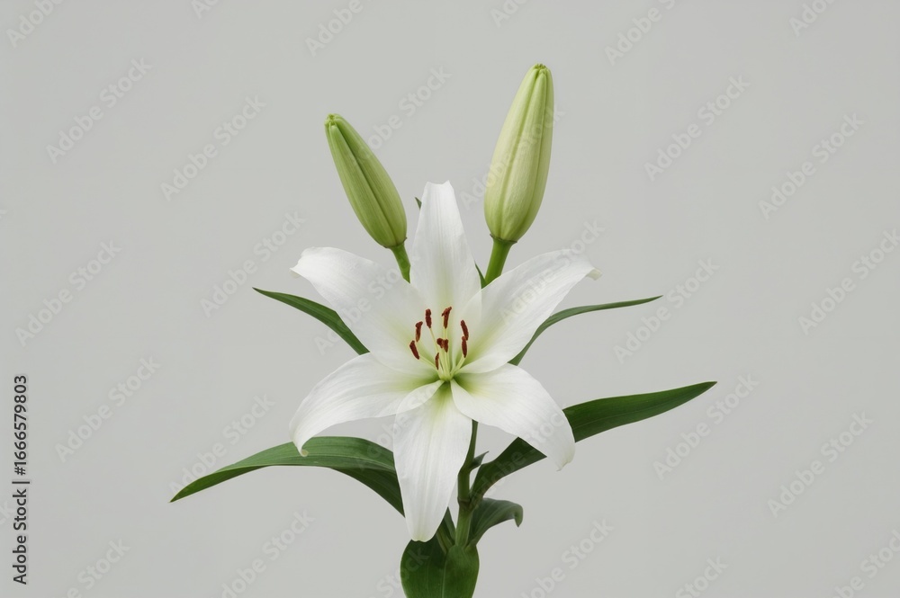 Fototapeta premium Fully bloomed white lily accompanied by green foliage and a bud against a gentle grey backdrop. A graceful, fresh, and organic floral arrangement ideal for themes of beauty, purity, and romance.