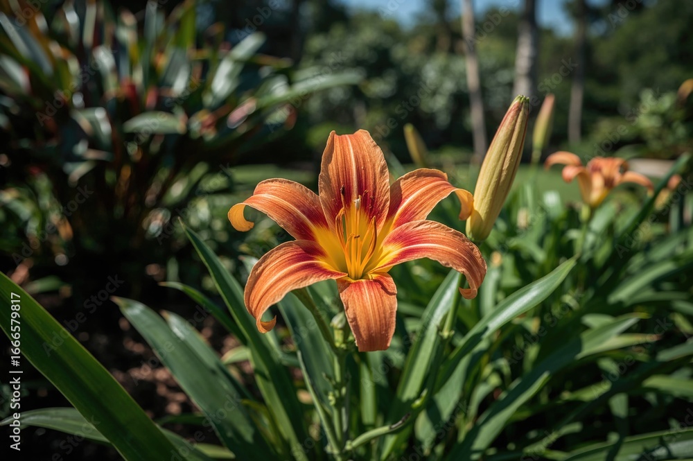 Obraz premium Graceful daylily bloom featured in garden decor setting with summer vibes, greenery, and natural elements
