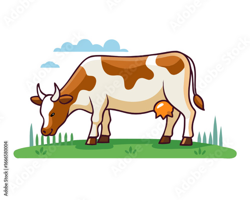 Spotted dairy cow with horns grazing on a green farm pasture, a clean vector milk illustration.