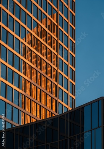 Modern glass skyscraper reflecting the sunset sky and surrounding buildings with a sleek architectural design and grid-like