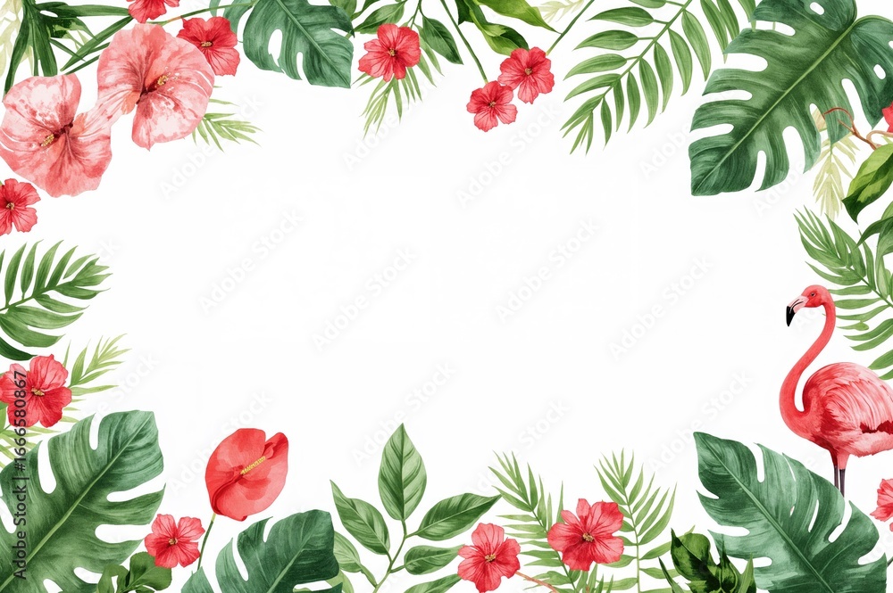 Fototapeta premium Tropical greenery and vibrant anthurium blooms frame this watercolor piece on a clean white canvas.