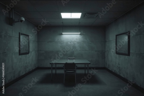 Vacant interrogation chamber illuminated with cameras monitoring through a one-way mirror. 3D visualization.
