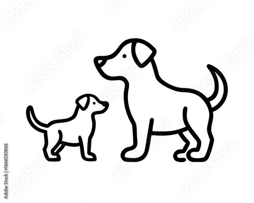 A simple black line icon of two dogs, one large and one small, standing side by side