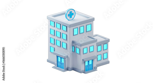 Modern isometric hospital building with bright blue windows and entrance for healthcare services