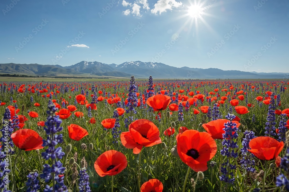 Obraz premium A colorful meadow of bright red poppies and blue flax blossoms beneath a sunny, cloudless sky, set against a backdrop of snowy peaks. Beautiful spring scenery.