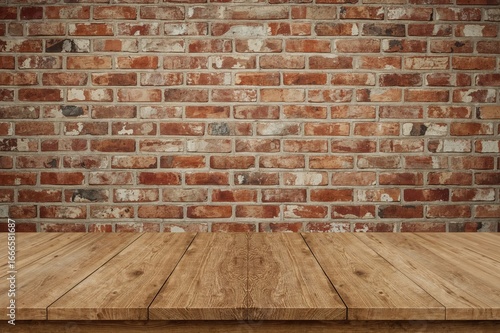Empty wooden surface in front of a rustic brick backdrop