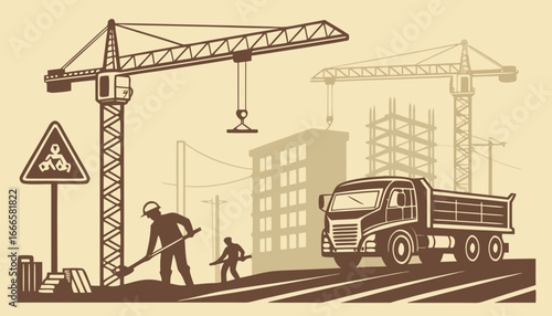 Illustration of construction site with cranes workers truck and warning sign in a sepia toned color scheme