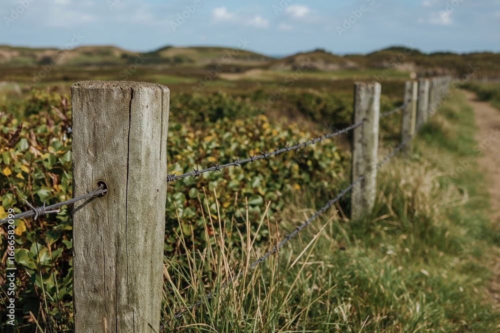 Naklejka premium Wooden fence post with barbed wire in a green natural setting