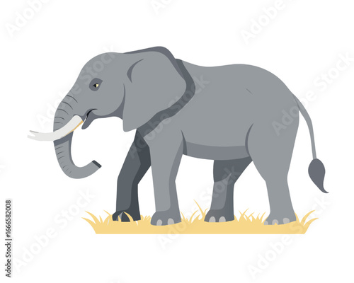 An Illustration of an Elephant Walking on Grass, Showing its Tusks and Long Trunk in Detail