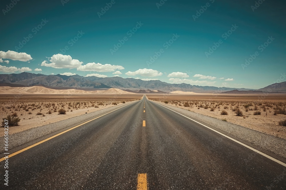 Naklejka premium Infinite highway through a barren wasteland, tinted photo with sky and asphalt, travel, vintage style, open landscape, retro vibe, sense of freedom, distant horizon