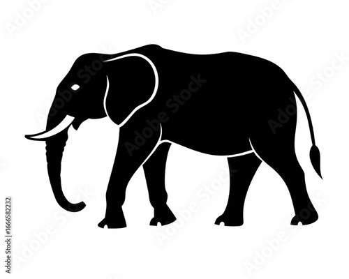 Black Silhouette of an Elephant with Outstretched Trunk and Tusks Walking Proudly