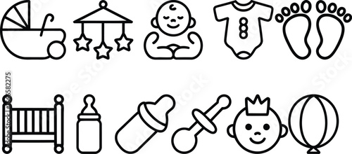 Collection of baby care icons in a clean line art style