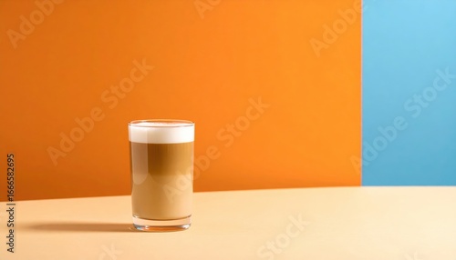 Latte In Glass, Orange And Blue Background