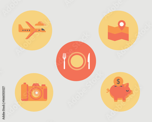 A set of flat, circular icons with a travel and leisure theme. The icons include an airplane, a map, a camera, a plate with utensils, and a piggy bank. The colors are yellow, orange, and red