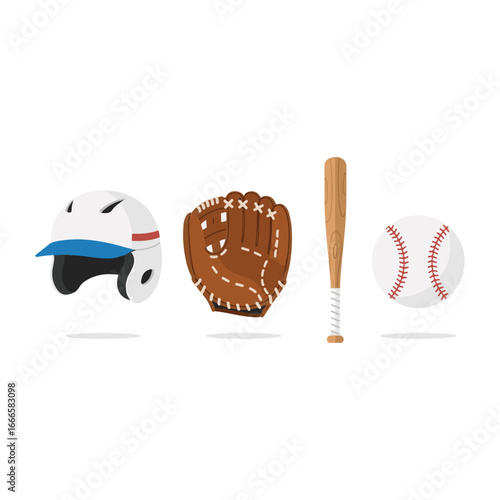 Essential baseball gear, featuring a white helmet, brown glove, wooden bat, and classic white ball, on a clean background.