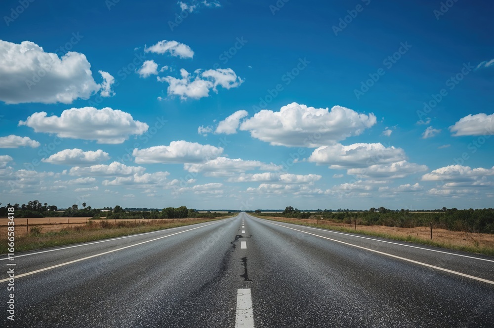 Naklejka premium Clear sky with scattered clouds over an empty paved road