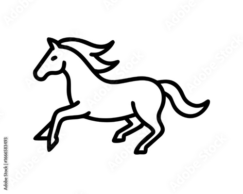 Elegant black outline of a fast galloping stallion. Minimalist horse logo design with a flowing mane