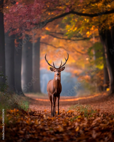 A deer stands in the forest in colorful autumn