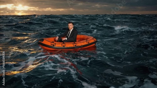 Businessman in suit adrift on lifeboat in rough sea, concept of crisis, survival and uncertainty in business world