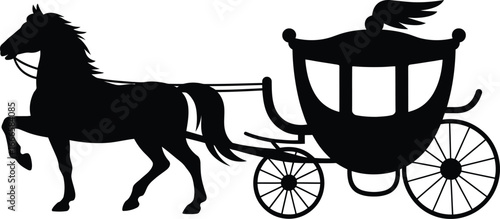Silhouette of a horse pulling a vintage carriage on a white background