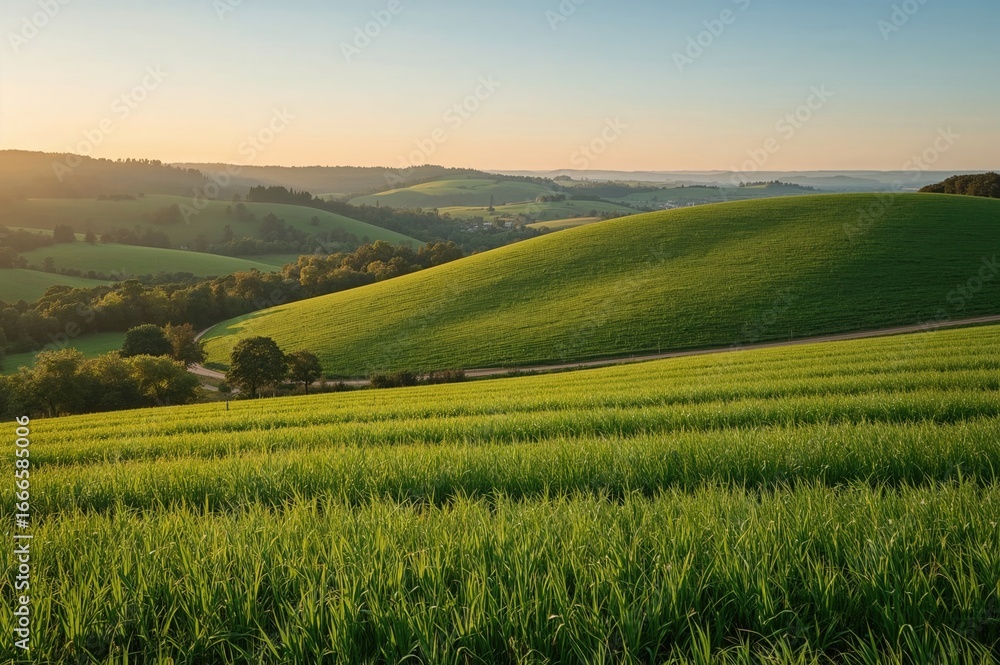 Fototapeta premium Twilight glow over expansive verdant landscapes