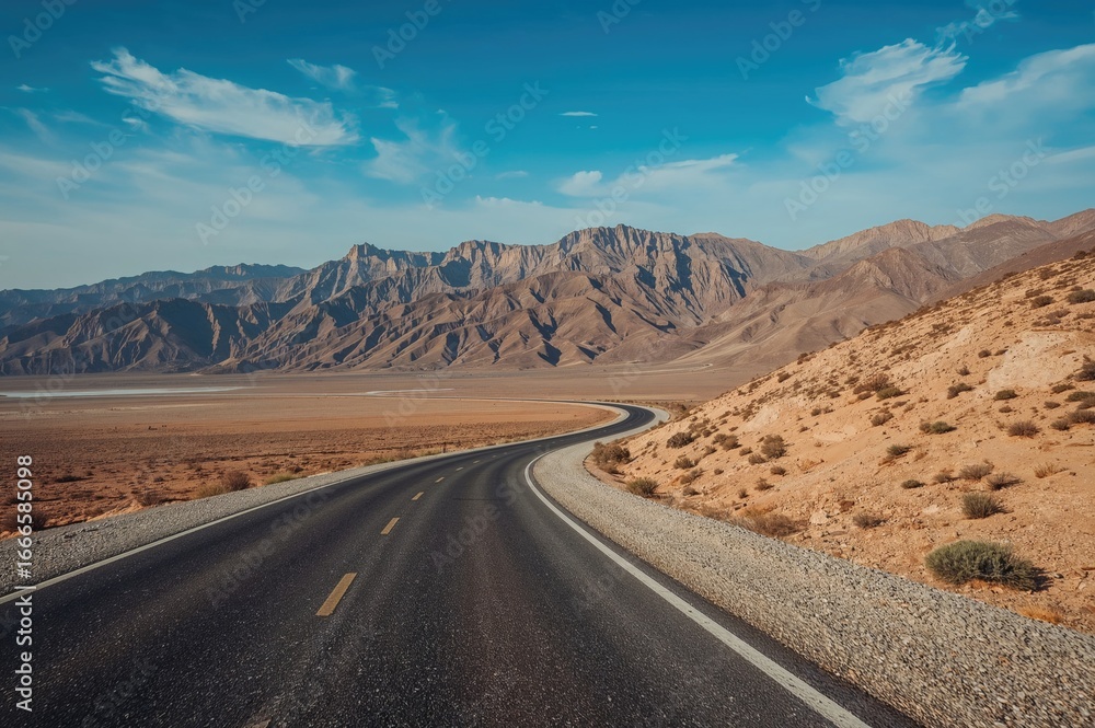 Deserted mountain pathway winding through arid peaks Deserted mountain pathway winding through arid peaks