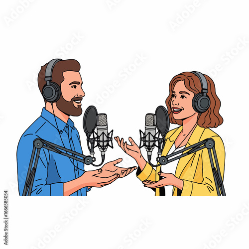 Vector illustration of two people chatting and discussing in a podcast, sharing knowledge and interesting information in a casual and creative atmosphere