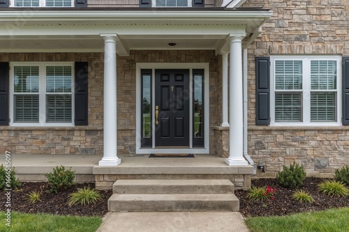 Wallpaper Mural Wide view of white clouds above the exterior front of a house featuring a garden yard, a porch with a black door secured by a lockbox, flanked by two side windows and a wooden wall. Torontodigital.ca