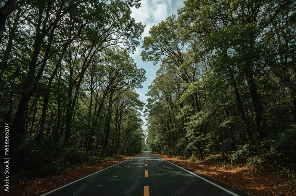 Fototapeta premium Asphalt highway beneath a leafy forest canopy and sky backdrop