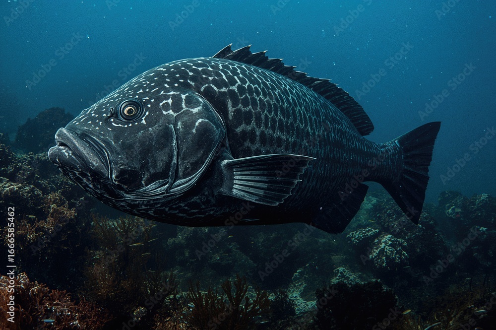 Naklejka premium Massive Black Sea Bass (Stereolepis gigas), a large grouper species from the Pacific, can reach weights up to 800 lbs and faces critical endangerment from overfishing.