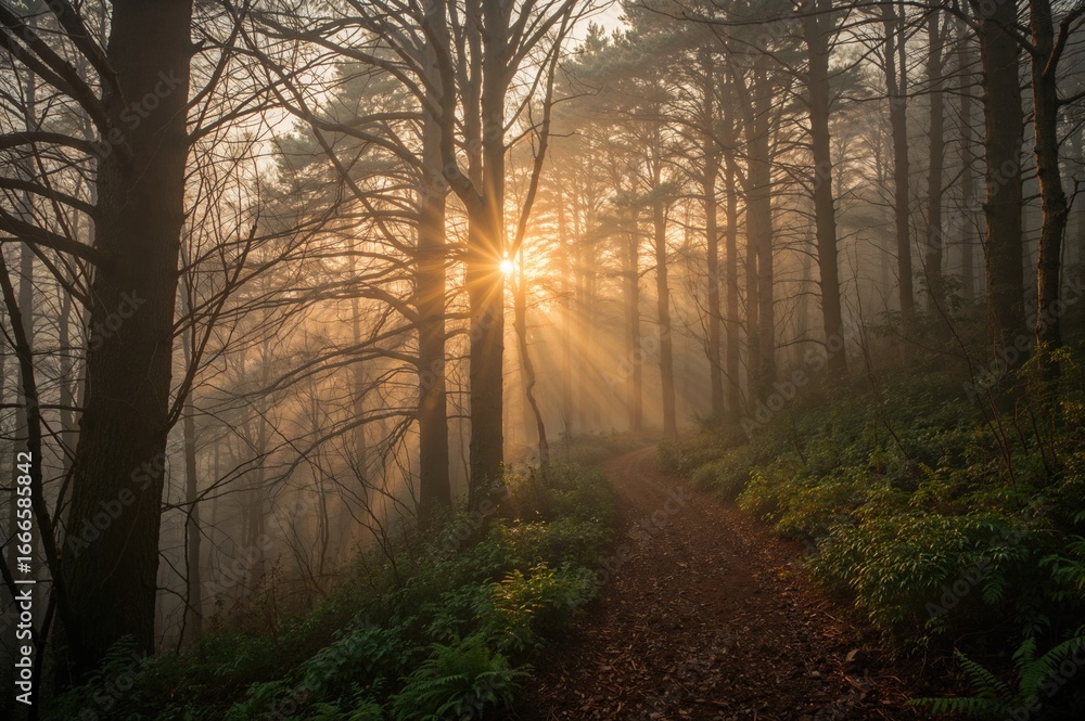 Obraz premium Mystical misty woods illuminated by sunlight and shadowy figures