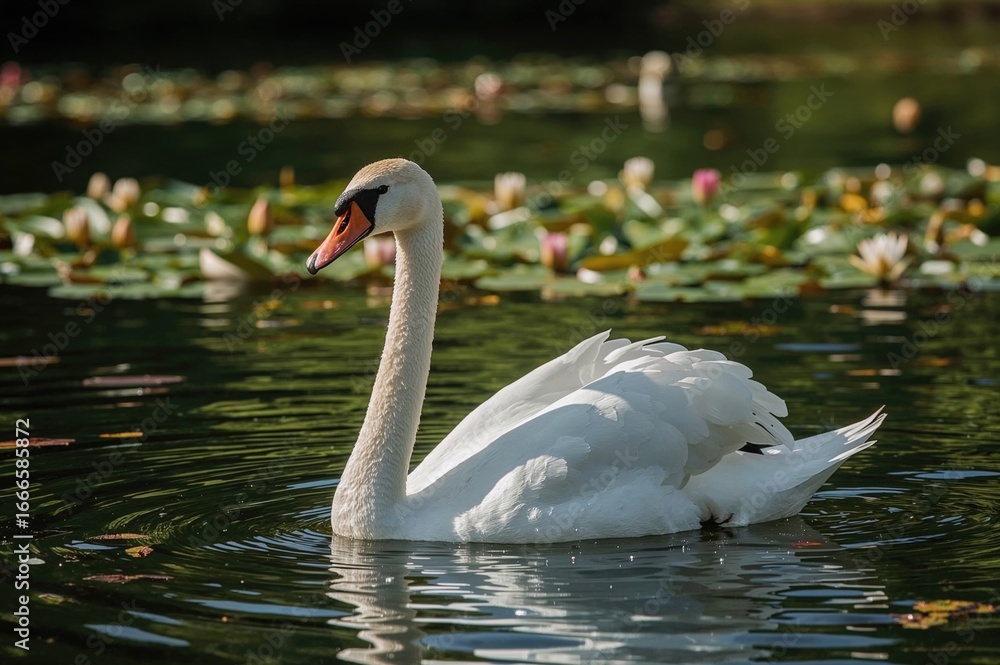 Fototapeta premium Graceful white swan sailing smoothly over the water